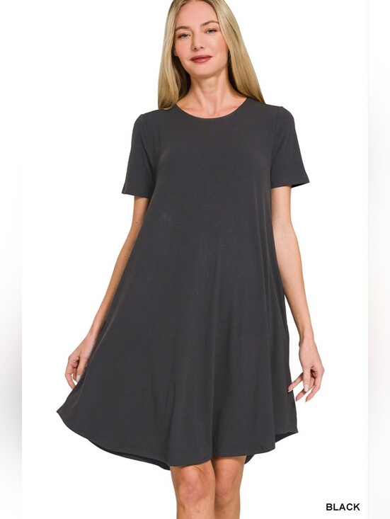 Zenana Outfitters Dresses & Skirts - Zenana Short Sleeve Round Hem A-Line Dress with Side Pockets- Fast Shipping !!